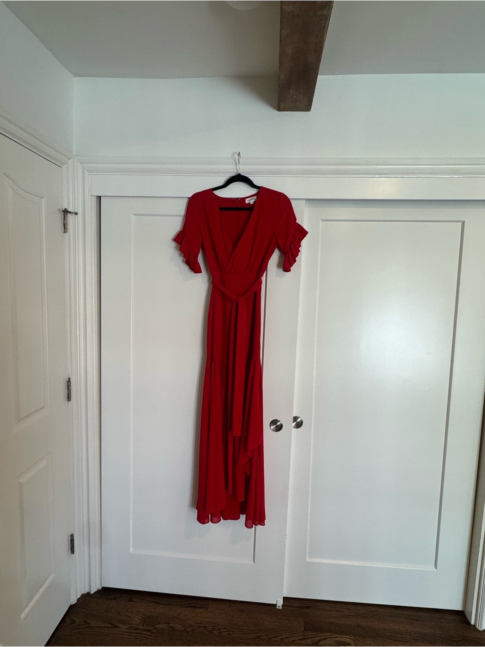 Privacy Please Chrysanthemum Gown in Red Lobster Wrap Maxi Dress with Tie Waist